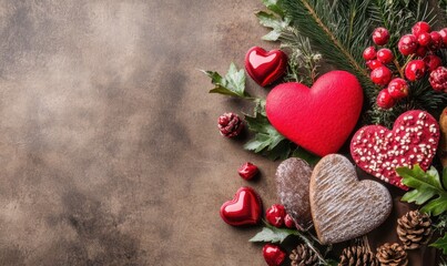 Valentine's Day background with red hearts, holly berries, and pine branches on a brown table in a rustic style.