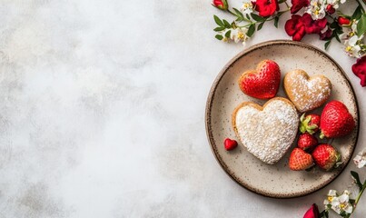 Valentine's day background, plate with heart-shaped cookies and strawberries on it, surrounded by flowers.