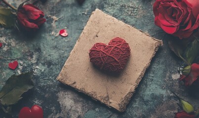 A red heart made of yarn is lying on an old, worn-out paper with roses around it. The background has dark green and blue tones.