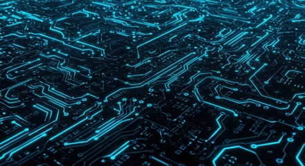 Futuristic circuit board, intricate blue digital pathways, glowing connections, abstract
