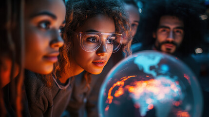 diverse group of people analyzing glowing globe in modern workspace