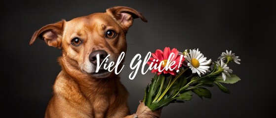 Glückwünsche: Brauner Hund präsentiert Blumenstrauß mit viel Glück