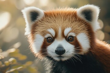 Obraz premium Close up headshot of cute lesser panda red panda looking away with copy space.