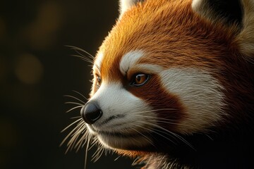 Fototapeta premium Close up headshot of cute lesser panda red panda looking away with copy space.