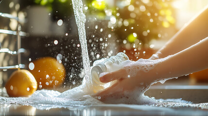 Child's hands washing dishes in soapy water under a kitchen faucet.