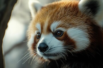 Close up headshot of cute lesser panda red panda   looking away with copy space.