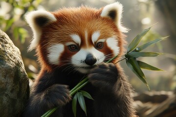 Naklejka premium Close up of a red panda holding bamboo with a large boulder in the background.