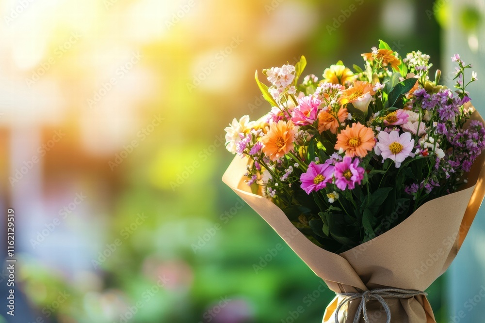 Poster vibrant flower bouquet wrapped in kraft paper with space for your text or message for any occasion. 