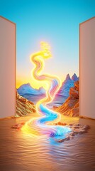 Ethereal Connection to Nature: A Mesmerizing Visual Journey Through a Futuristic Doorway Showcasing Colorful Energy Flowing into a Serene Landscape
