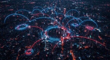 Futuristic cityscape, digital network overlay, glowing connections, urban skyline at night