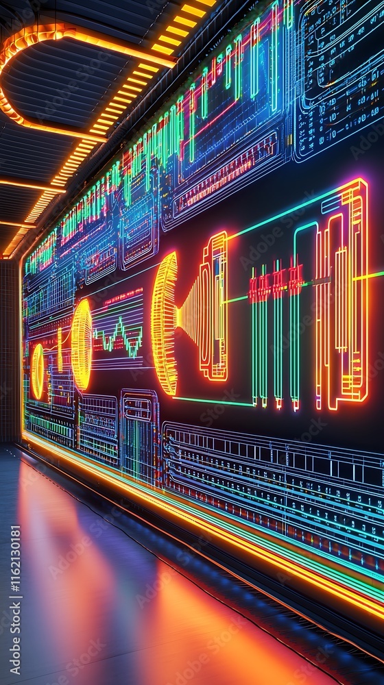 Poster futuristic digital wall design with neon lines and data visualizations in a modern environment featu