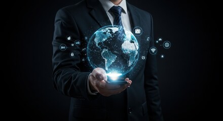 businessman, holographic globe, floating icons, digital network, futuristic technology, dark