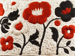 Embroidered Floral Textile Art Red Black Cream Flowers