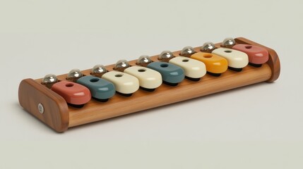 Wooden puzzle game with colorful sliding pieces and metal balls.