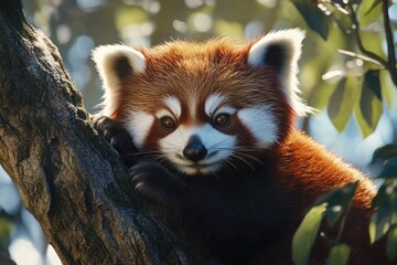 Portrait of a red panda in a tree.