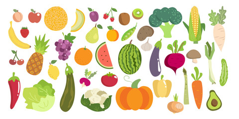 Fruits and vegetables collection. Illustration in flat style. Cute colorful vector illustration template with different types of fruits and vegetables ,vitamins vegan food ,health diet .