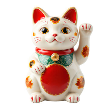 Ornate Japanese Maneki Neko Cat Figurine Isolated on Transparent Background