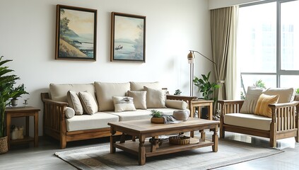 Modern living room interior with wooden sofa, armchairs, coffee table, and artwork.