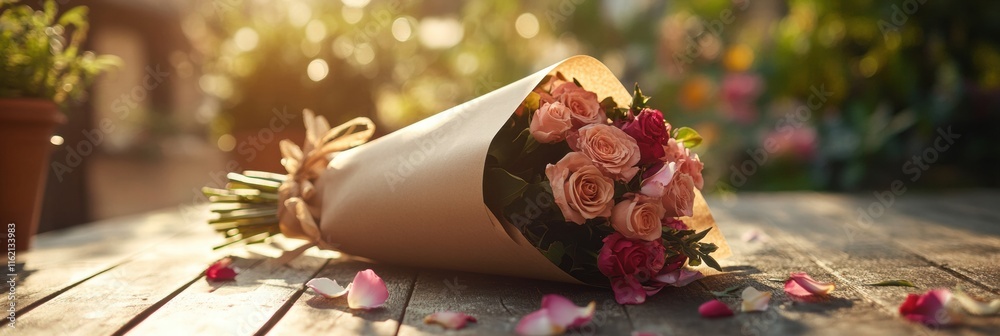 Poster beautifully arranged bouquet wrapped in kraft paper with a serene outdoor backdrop featuring soft na