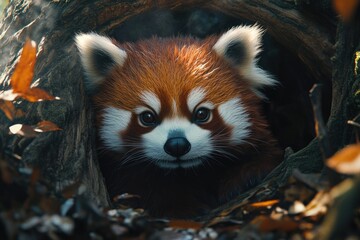 Fototapeta premium Red Panda coming out of a Wood with copy space