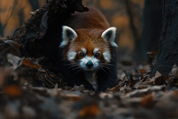 Fototapeta premium Red Panda coming out of a Wood with copy space