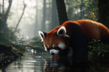 Fototapeta premium Red panda drinking in the forest