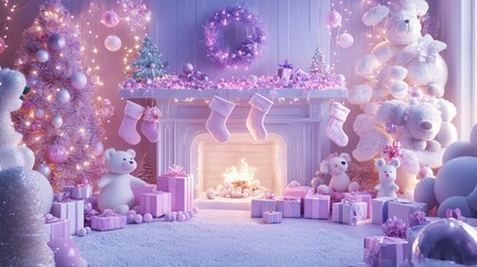 Lavender Christmas Dreamland: A Magical Festive Scene with Plush Toys and Sparkling Lights