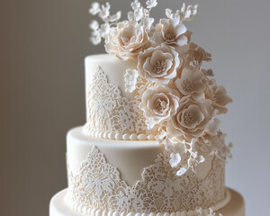 A delicate and charming wedding cake adorned with pastel frosting and a beautiful arrangement of fresh flowers,