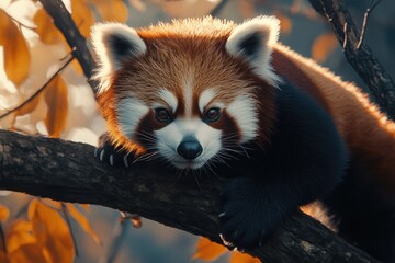Fototapeta premium Red panda walking on tree branches.