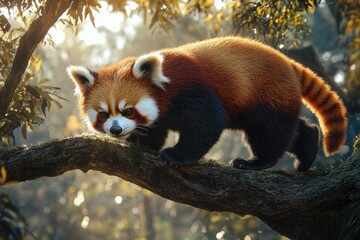 Fototapeta premium Red panda walking on tree branches.