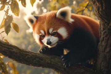 Obraz premium Red panda walking on tree branches.