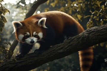 Red panda walking on tree branches.