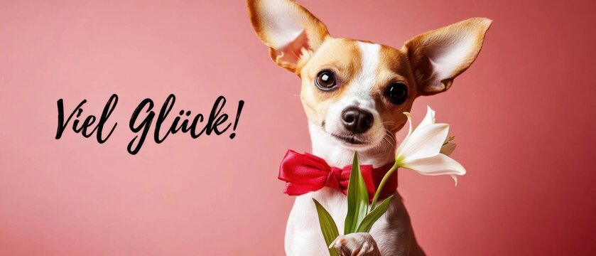 Gl&uuml;cklicher Chihuahua mit Blume und Schleife  Herzliches Gl&uuml;ckwunschFoto