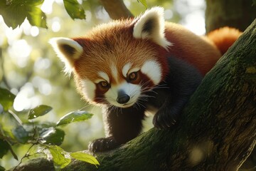 Fototapeta premium Red panda walking on tree branches.