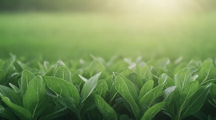 Obraz premium close-up of dewy green lettuce leaves their fresh texture illuminated by soft natural light with blurred field in background