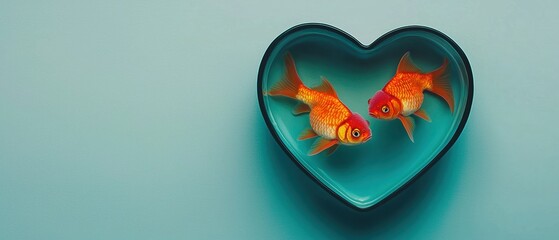 Naklejka na ściany i meble Valentine emotion concept. Two goldfish in a heart-shaped bowl on a teal background.