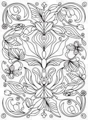 Outline floral pattern in mehndi style for coloring book page. Antistress for adults and children. Doodle ornament in black and white. Hand draw vector illustration.