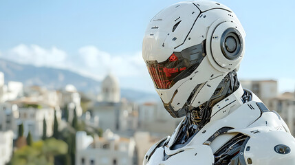 A futuristic robot stands against a city backdrop, showcasing advanced technology and a sleek design, emphasizing the blend of innovation and urban life.