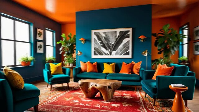 Video footage of vibrant living room with teal furniture, orange accents, a wooden coffee table, and lush plants, all set against bold walls with a large black and white artwork at the center