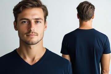A young man stands confidently in a studio environment, wearing a dark shirt. His gaze directly engages the viewer, highlighting his casual yet stylish appearance.