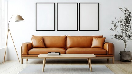 Modern living room interior with leather sofa, wooden coffee table, floor lamp, and three framed prints on a white wall.
