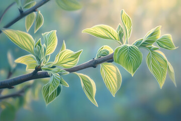 Obraz premium Leaves unfolding gracefully on a tree branch in the vibrant freshness of springtime