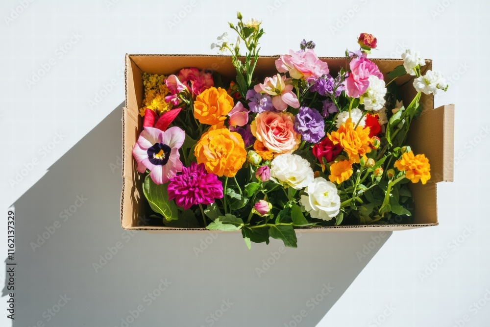 Poster Delivery box showcases vibrant fresh flowers ready for an arrangement with space for custom text. Generative AI