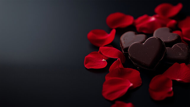 ドラマチックな照明で際立つ赤い花びらとハート型チョコ