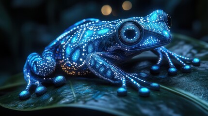 Glowing blue frog on a leaf at night.