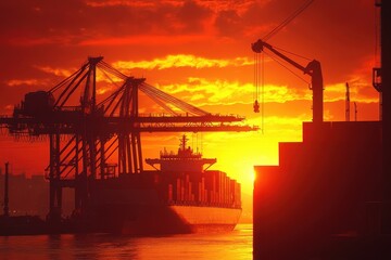 Obraz premium A cargo ship navigates toward the harbor as the sun sets, casting vibrant colors across the sky and creating silhouettes of cranes and dock structures.