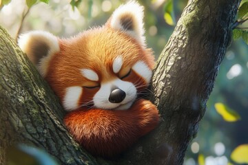 Obraz premium A cute red panda relaxing on a tree A cute red panda relaxing on a tree