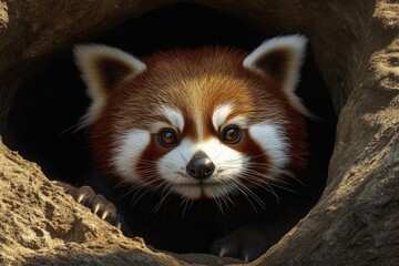 a red panda close up steering out from a hole.