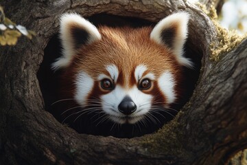 a red panda close up steering out from a hole.