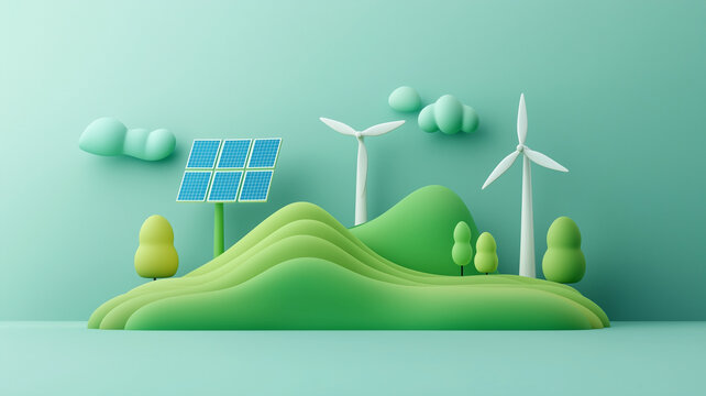 Sustainable landscape with solar panels and wind turbines on green hills, symbolizing renewable energy and eco friendly technology
